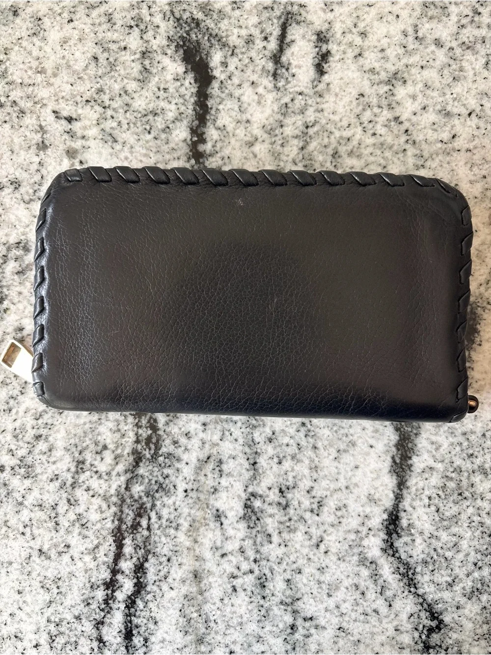 Tory Burch Black Whipstitch Logo Zip Continental Leather Wallet